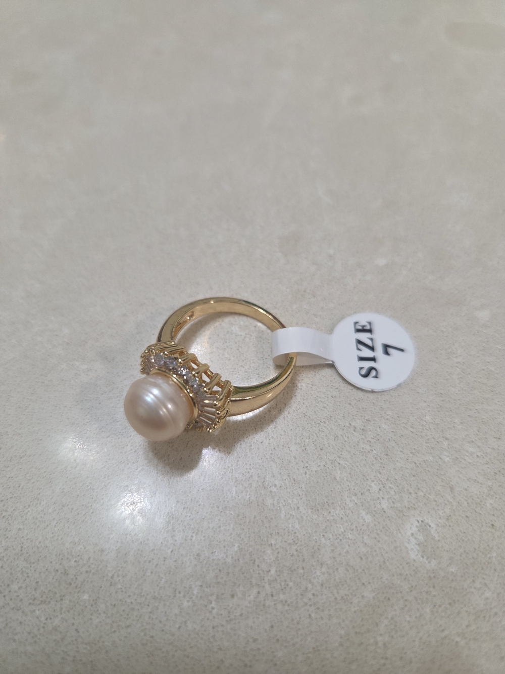 Gold Pearl Halo Cocktail Ring - Size 7